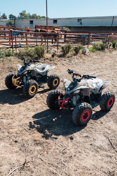 Two quad bikes parked in a dirt area with a fence and a building in the background. 5