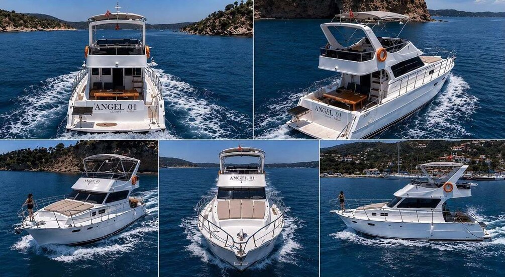 A white yacht named 'Angel 01' with a cabin, deck, and wake. 1