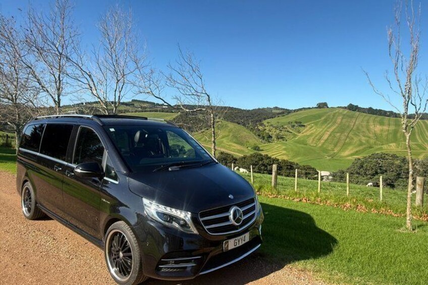 A black Mercedes-Benz Sprinter van parked on a gravel path with a rural landscape in the background. 2