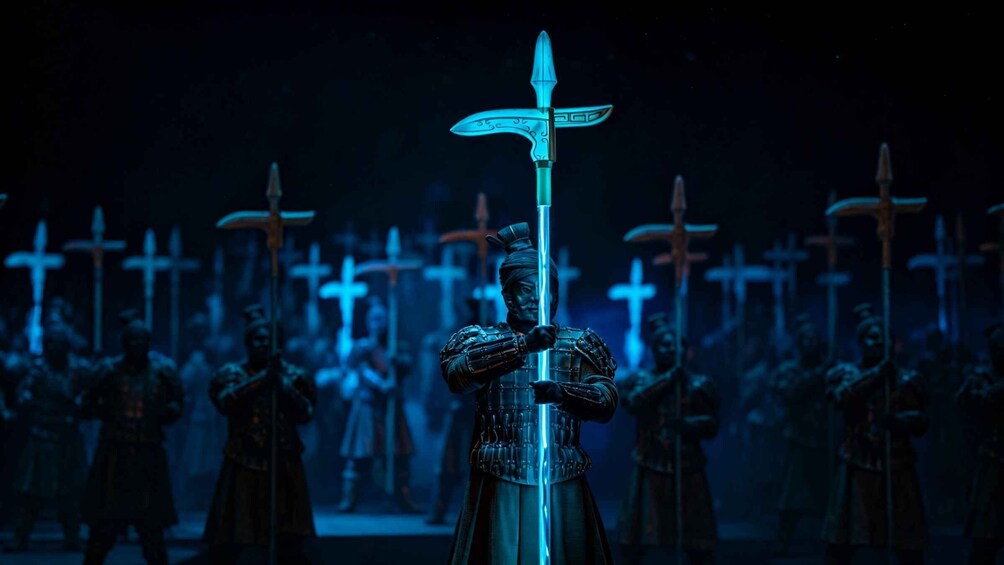 A group of armored figures holding swords, with one figure prominently holding a spear with a cross. 1