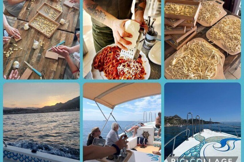 A wooden table with food, a person slicing cheese, pasta on a tray, a boat with people, and a sailboat with a colorful design. 1