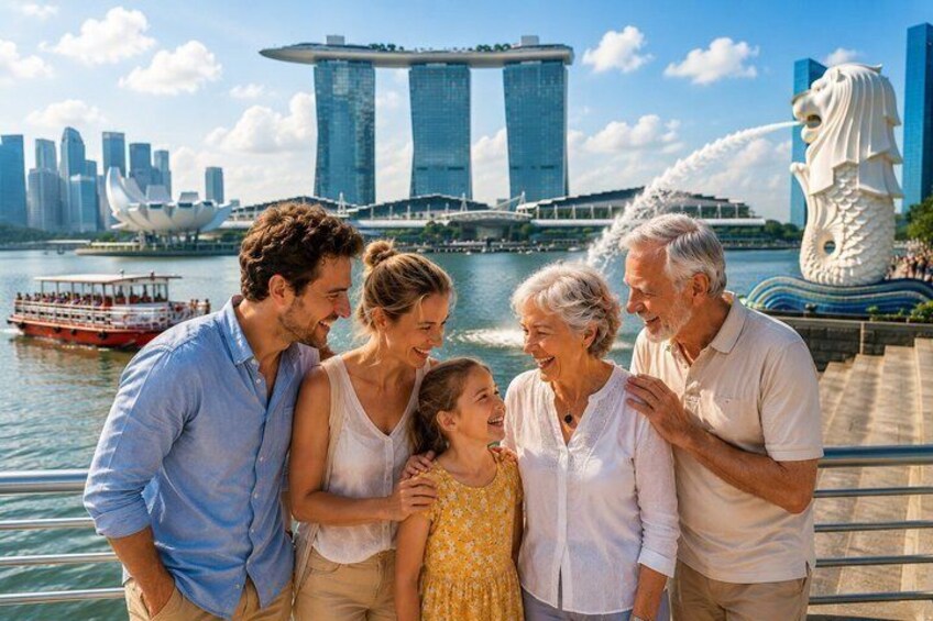 A family by a waterfront with a city skyline, including a prominent tower and a lion statue. 2