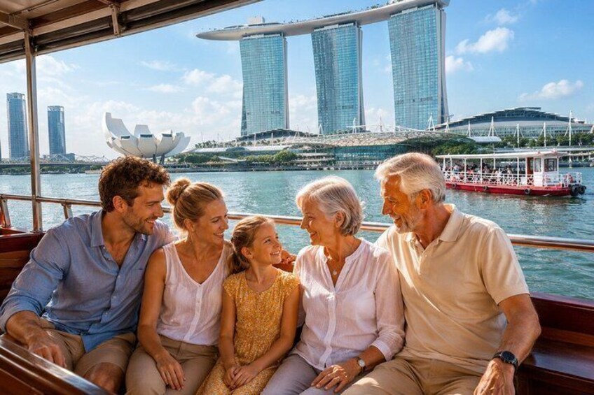 A group of people on a boat with a city skyline in the background. 3