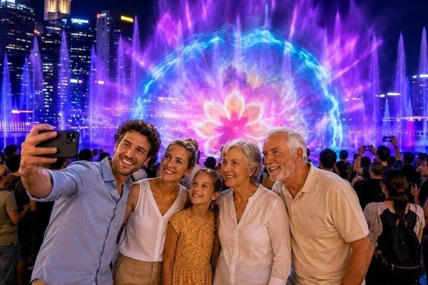 A group of people taking a selfie with a cityscape and a large illuminated flower display in the background. 4