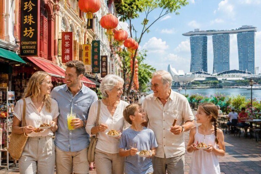 A group of people walking on a street with shops and a view of a tall building in the background. 1