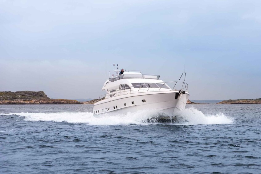 A white yacht moving through calm waters with a rocky coastline in the background. 4