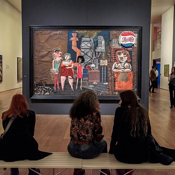 A large abstract painting with a Pepsi Cola logo, viewed by three people sitting on a bench. 3