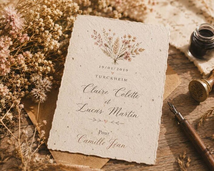 A wedding invitation with a date, location, and names on a textured paper background, surrounded by dried flowers and vintage writing instruments. 3