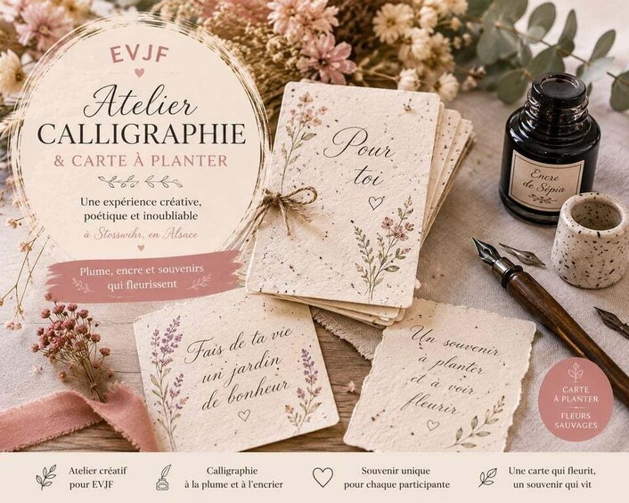 A calligraphy workshop with floral-themed cards, a pen, and a bottle of ink. 1