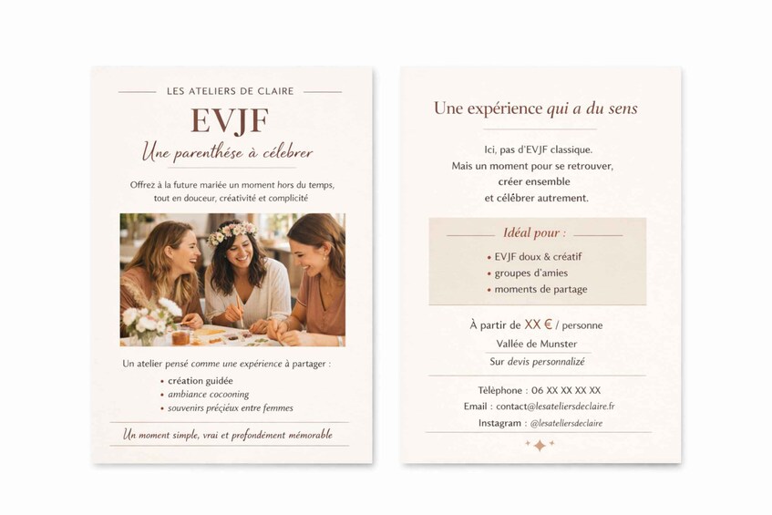 A wedding invitation card with text and a photo of three women at a table. 2