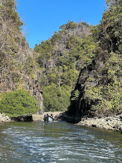 A river with a boat, surrounded by rocky cliffs and dense greenery. 2