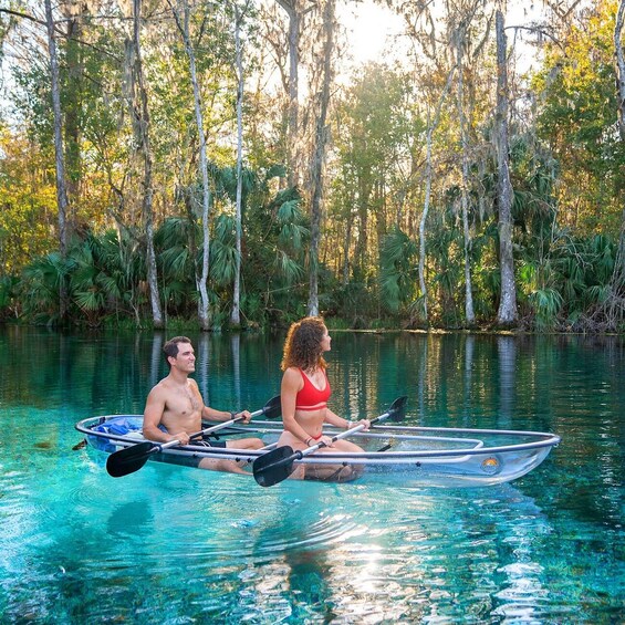 Two people kayaking on a clear river surrounded by trees. 2