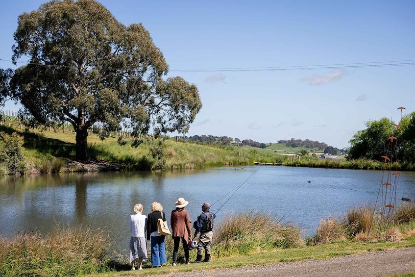 A group of people fishing by a calm lake surrounded by trees and grass. 1