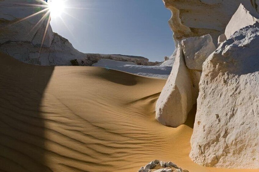 A desert landscape with sand dunes and rock formations under a clear sky. 5