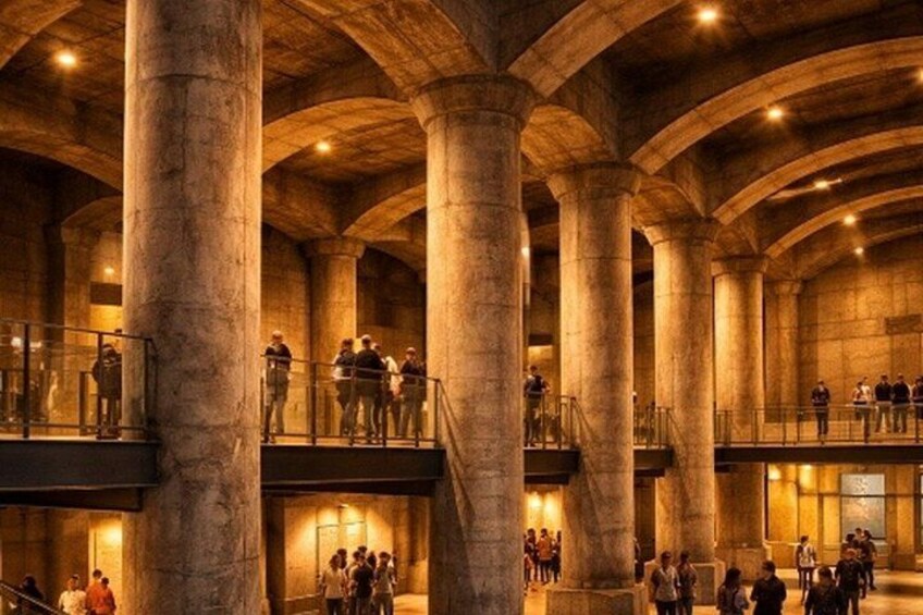 A large indoor space with high stone columns, multiple levels, and people walking around. 2