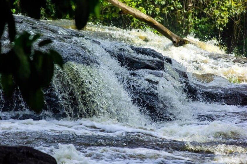 A waterfall cascading over rocks in a forested area. 3