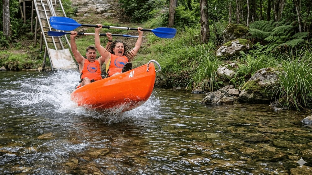 Two people in an orange raft paddling a river surrounded by greenery. 1