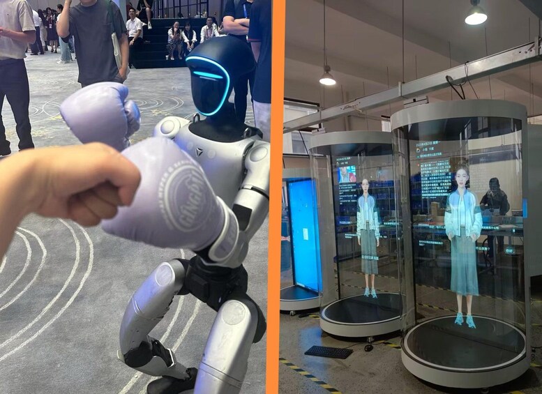 A robot interacting with a person, a glass enclosure with a mannequin, and a digital display. 3