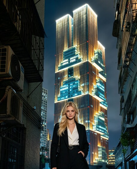 A woman standing in front of a brightly lit skyscraper at night. 2