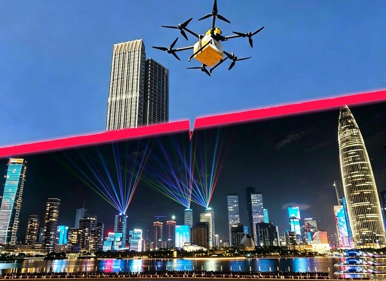 A city skyline at night with illuminated buildings, a river in the foreground, and a drone flying above. 1