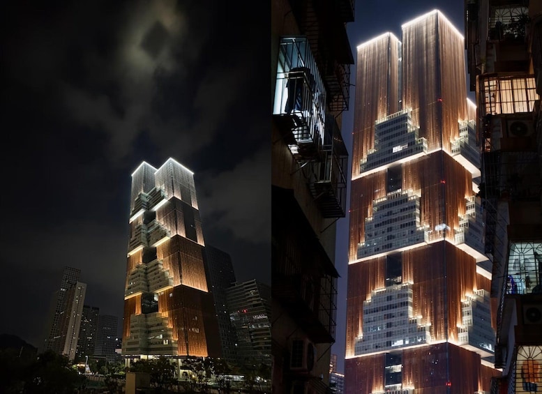 A nighttime cityscape with illuminated skyscrapers. 2