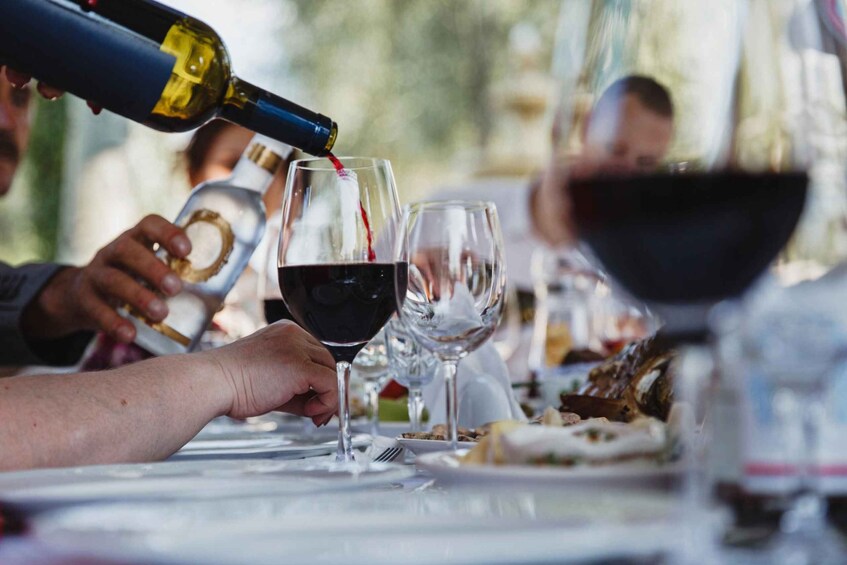 A person pouring red wine into a glass. 1