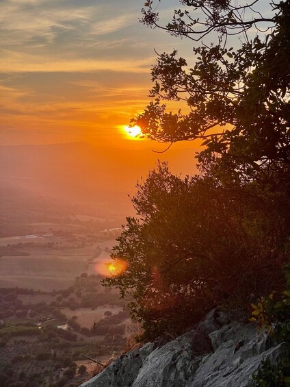 A sunset over a valley with a mountain in the background and trees in the foreground. 1