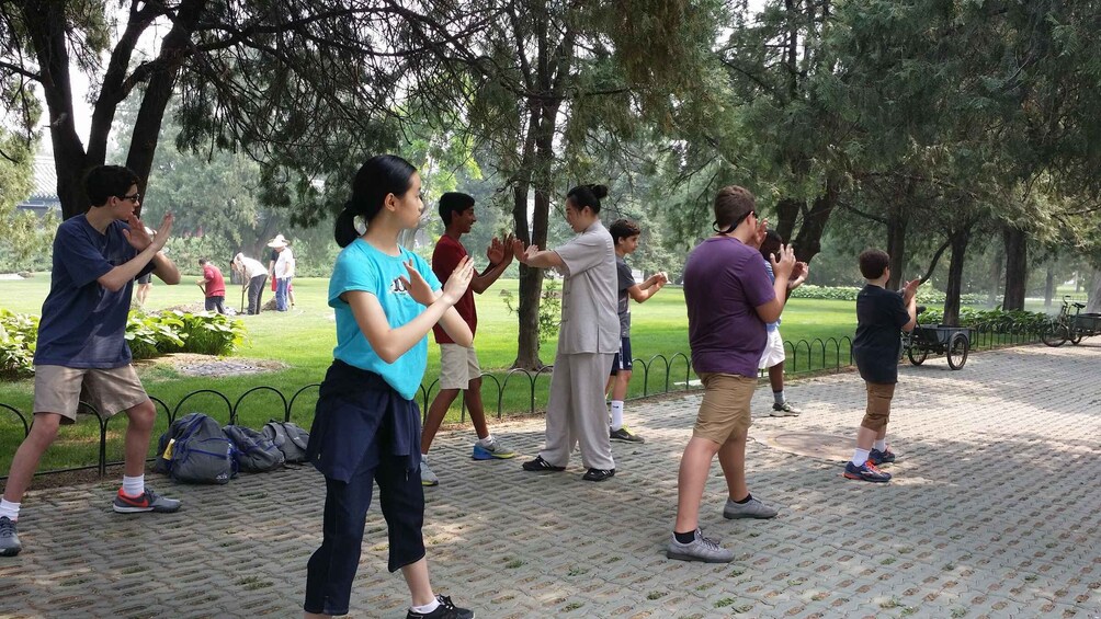 People practicing Tai Chi in a park with trees and a paved path. 3