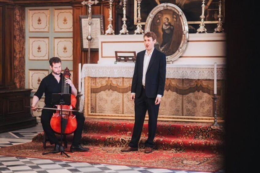 A man playing a cello in a room with ornate decor and a red carpet. 3