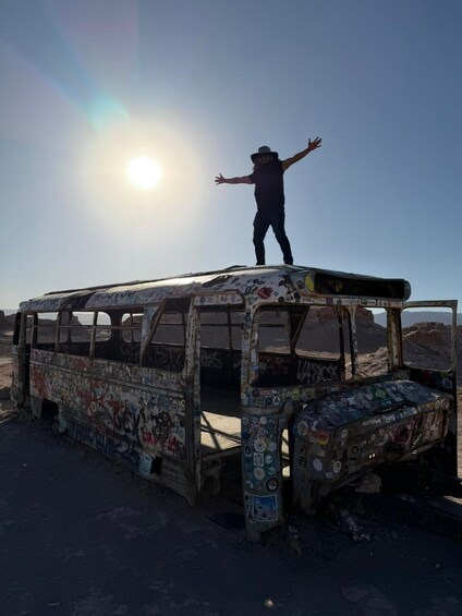 A person standing on a graffiti-covered bus with a desert landscape in the background. 5