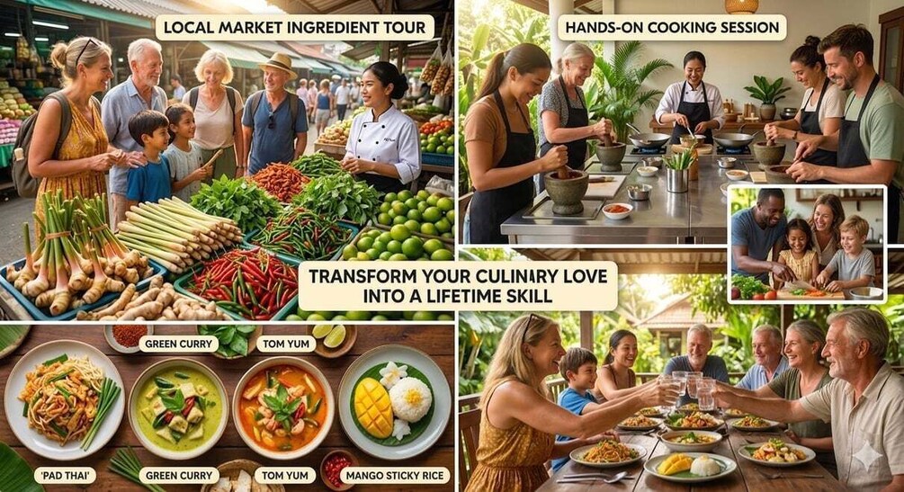 A local market ingredient tour, a hands-on cooking session, and dishes like green curry, tom yum, and mango sticky rice. 1