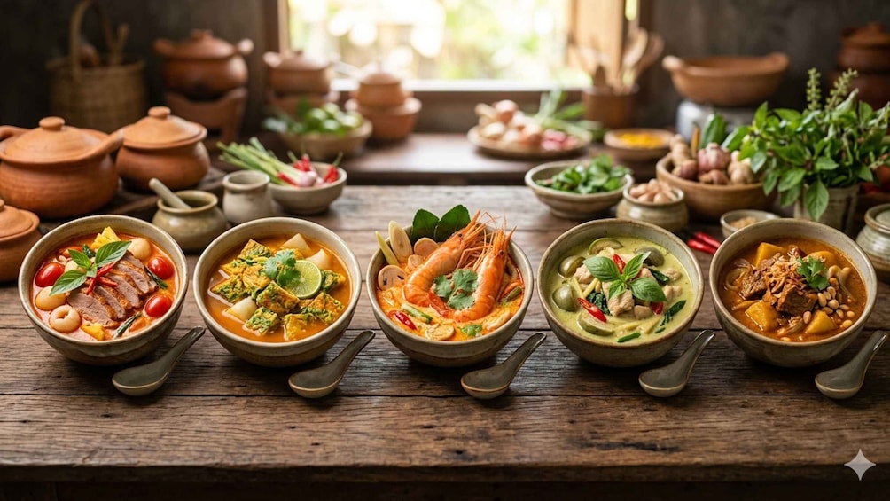 A wooden table with five bowls of soup, each with different ingredients and garnishes. 3