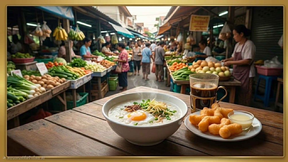 A bowl of food with a drink and fried items on a table in a market. 2