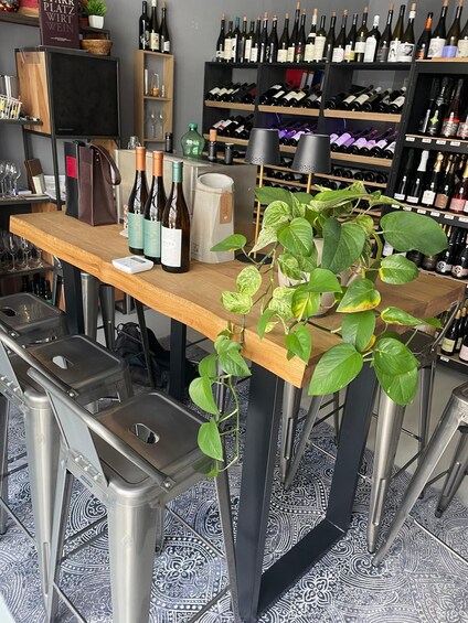 A wine shop with shelves of wine bottles, a wooden counter with wine glasses, and a potted plant. 1