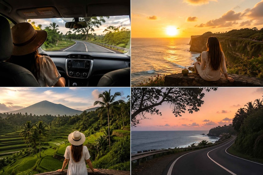 A woman in a hat driving a car, a sunset over the ocean, a woman overlooking a mountainous landscape, and a winding road beside the sea. 3
