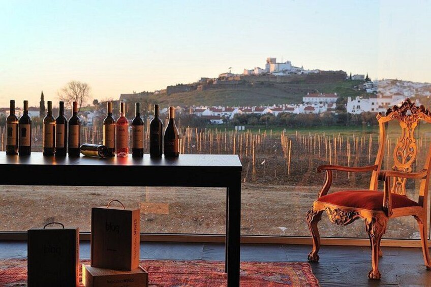 Una mesa con botellas de vino, una silla y vistas de una colina con edificios. 1