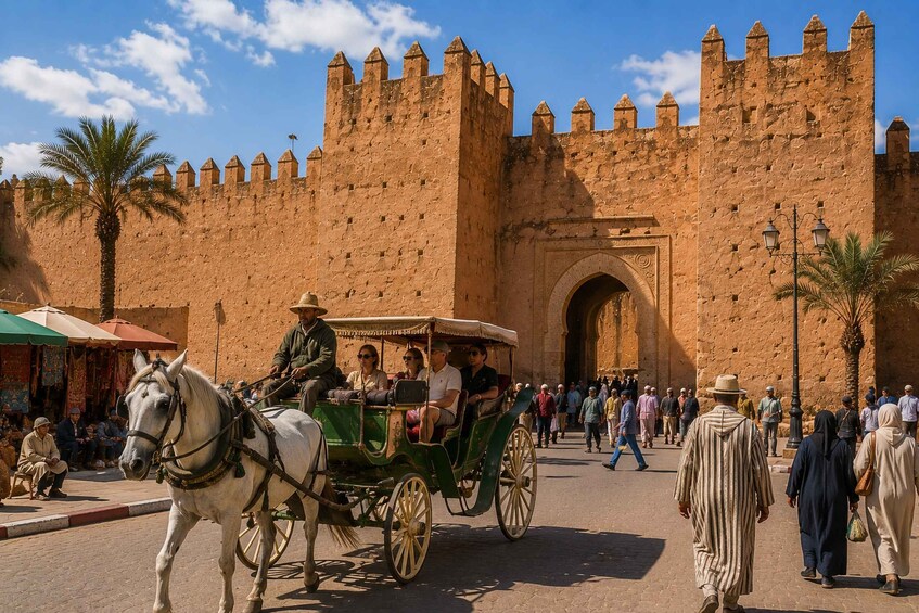 A horse-drawn carriage with passengers and a crowd near a historic walled city. 2