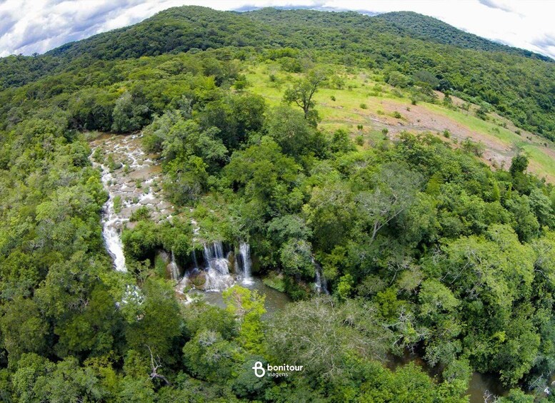 A lush green landscape with a waterfall cascading down a rocky cliff surrounded by dense forest. 4