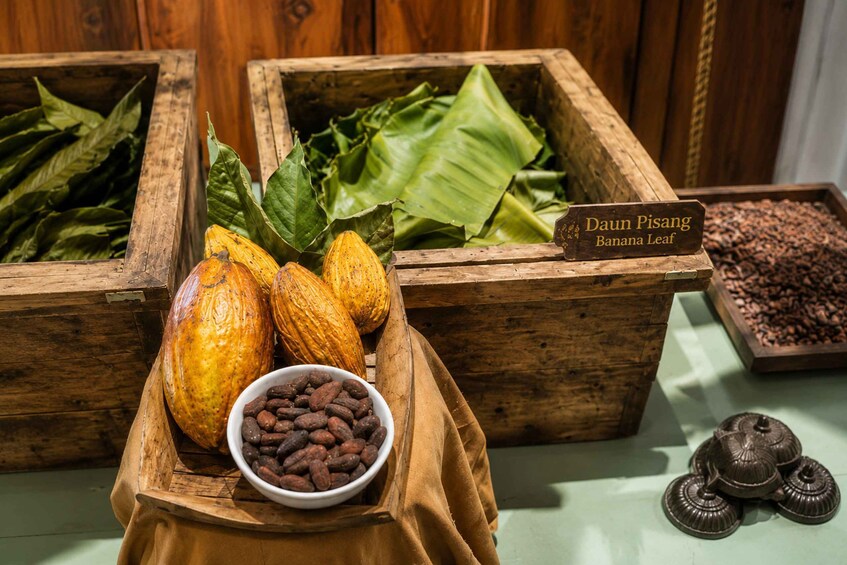Wooden crates with cocoa beans, dried bananas, and banana leaves. 4