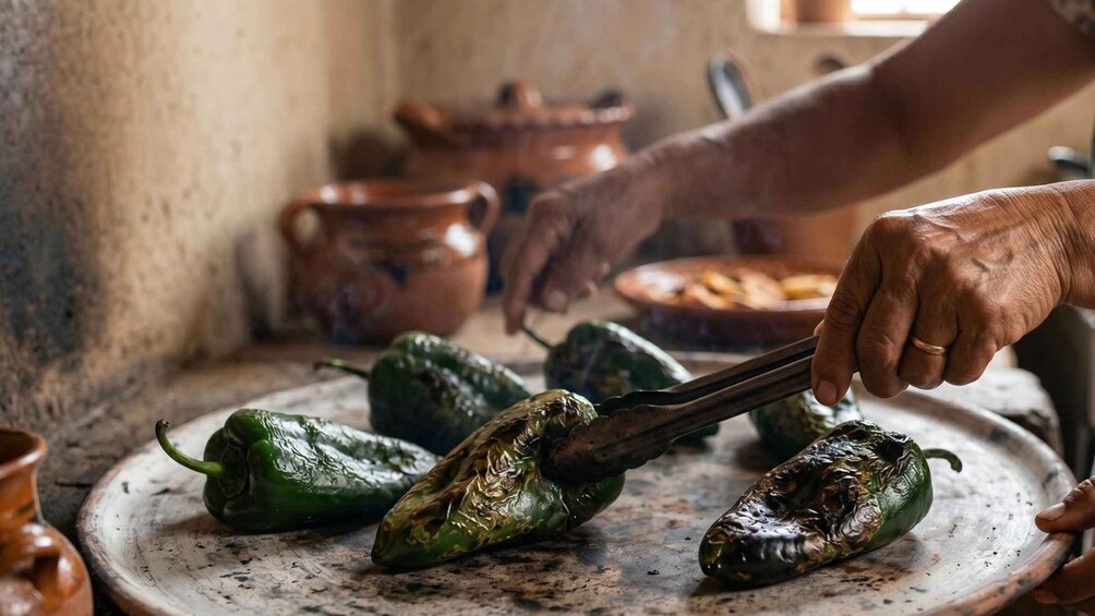 A person using tongs to handle green peppers on a ceramic plate. 1
