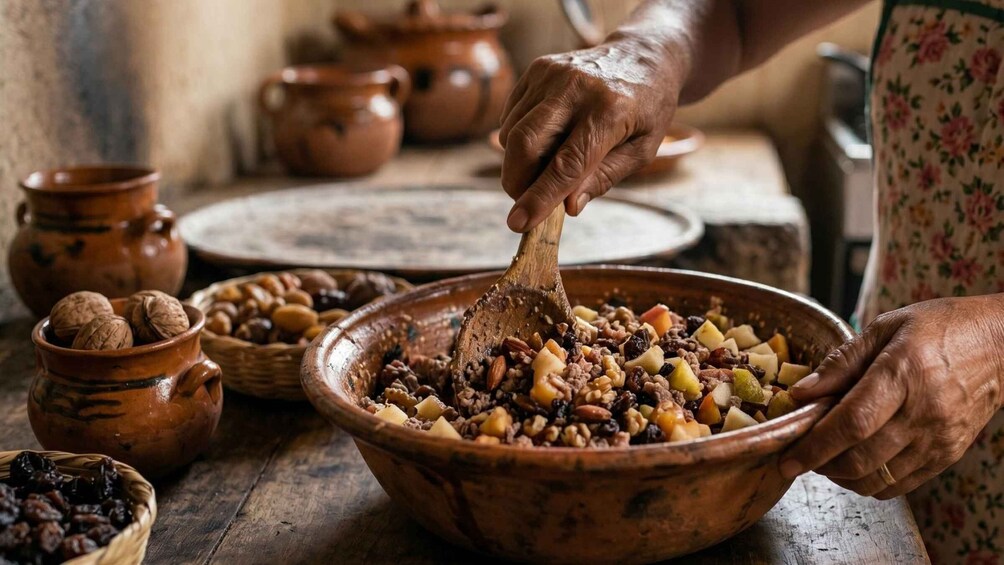 A person mixing a dish with nuts and dried fruits in a large wooden bowl. 5