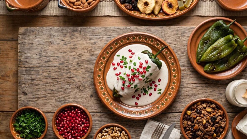 A wooden table with various dishes, including a plate with a stuffed pepper, bowls of nuts, dried fruits, and a bowl of pomegranate seeds. 3