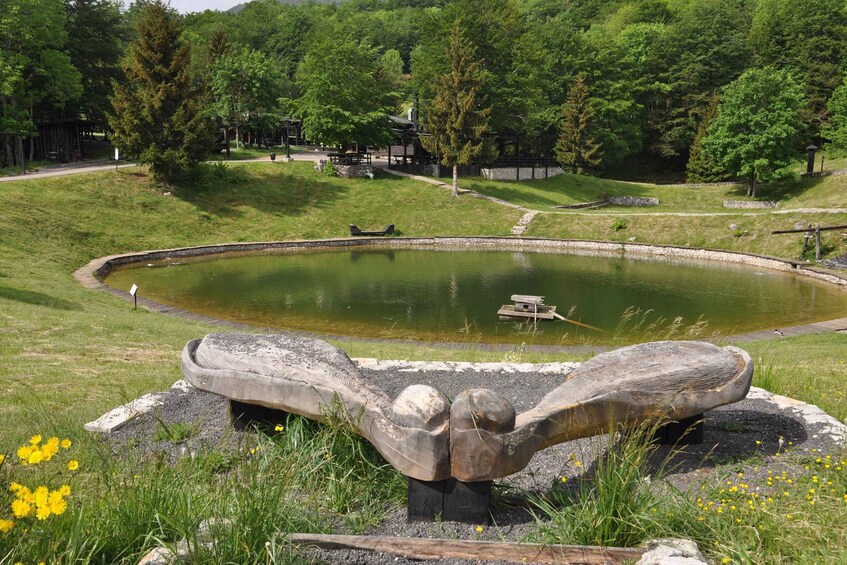 A pond with a wooden sculpture in the foreground, surrounded by a grassy area and trees. 3