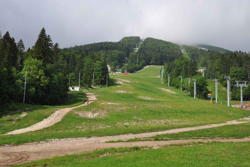 A mountain path with a ski lift, surrounded by dense forest. 2