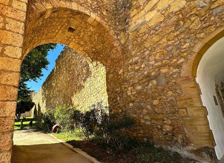 An ancient stone archway with a pathway leading through it, surrounded by greenery. 3