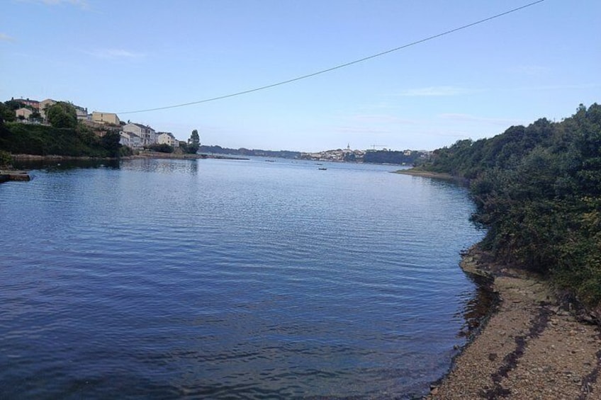 A river with buildings on the left bank and a forested area on the right. 2