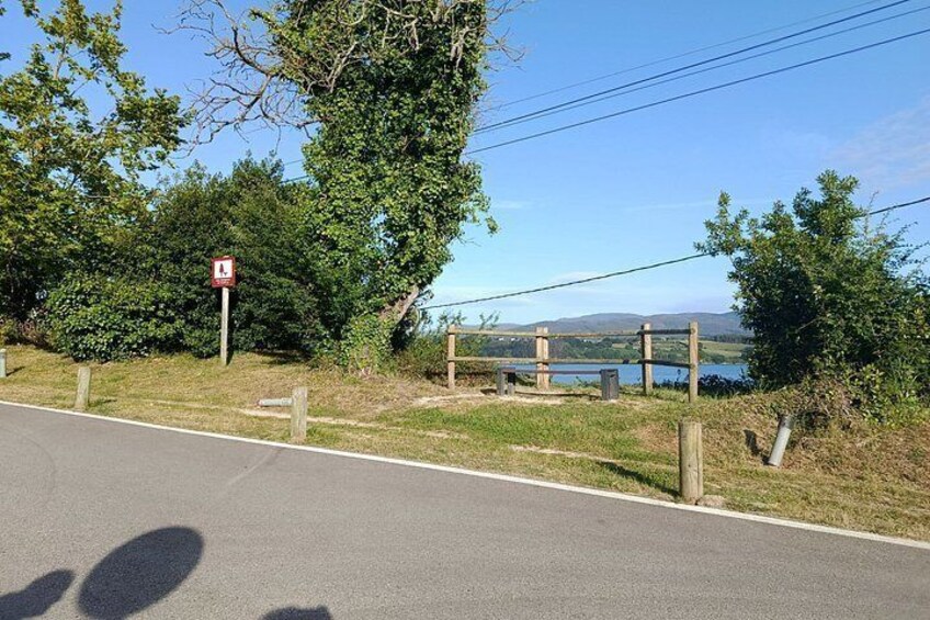 A road with a no parking sign, a grassy area, and a body of water in the background. 4