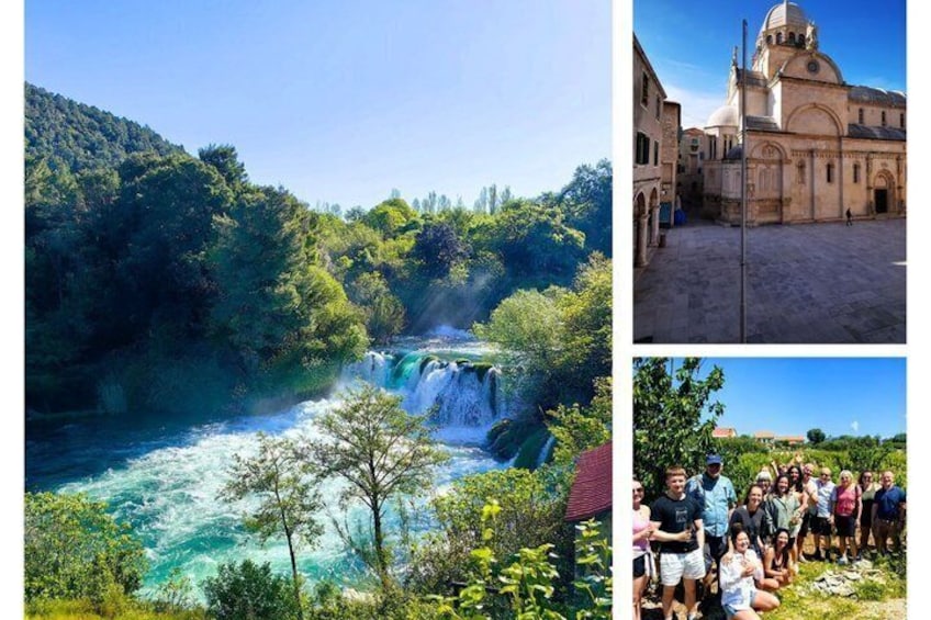 A waterfall, a church, and a group of people. 1