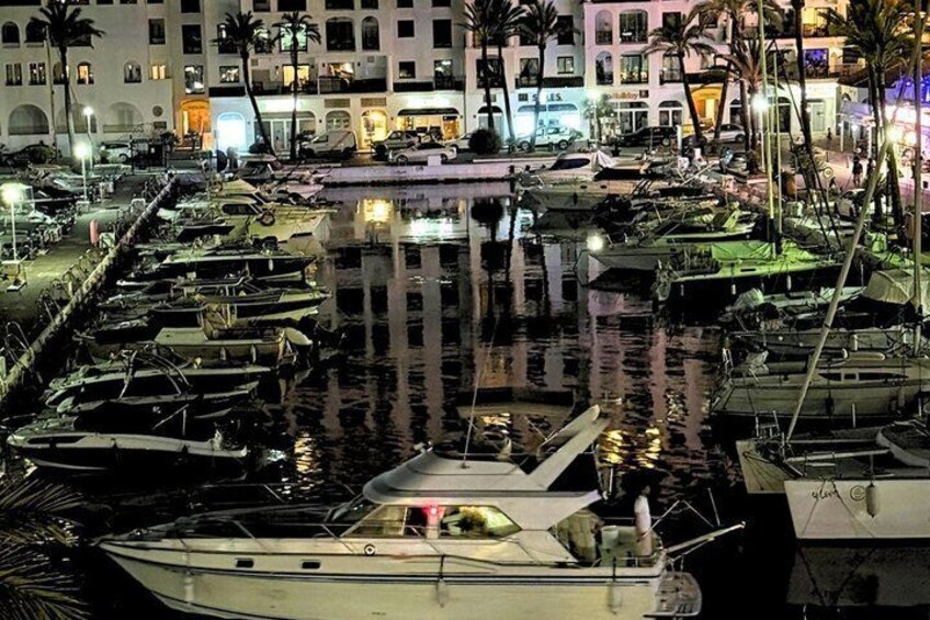 A marina at night with boats docked, palm trees, and buildings in the background. 5