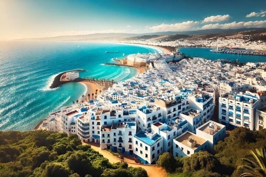A coastal town with white buildings, a beach, and a clear blue sea. 4